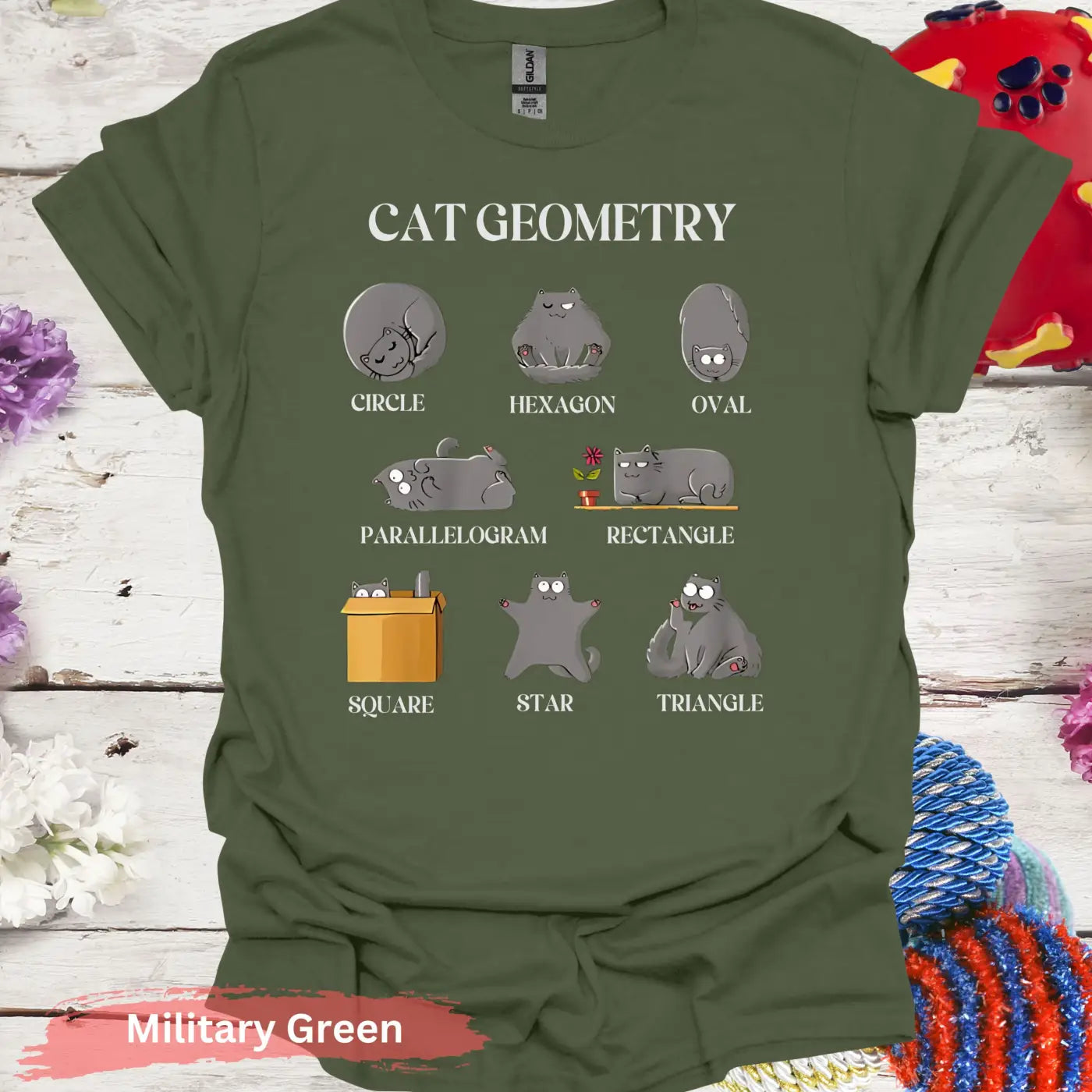 Cat Geometry Shapes T-shirt - S / Military Green - Physical Item