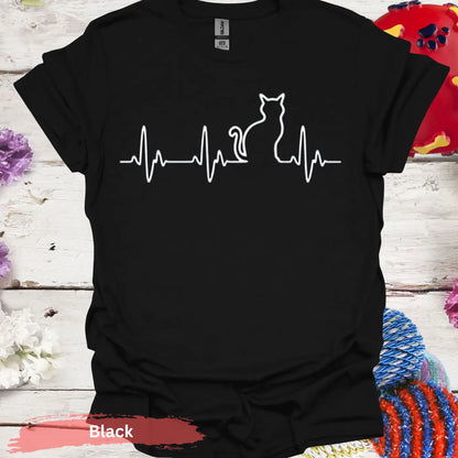 Cat Heartbeat Line Art for Lovers T-shirt - S / Black - Physical Item