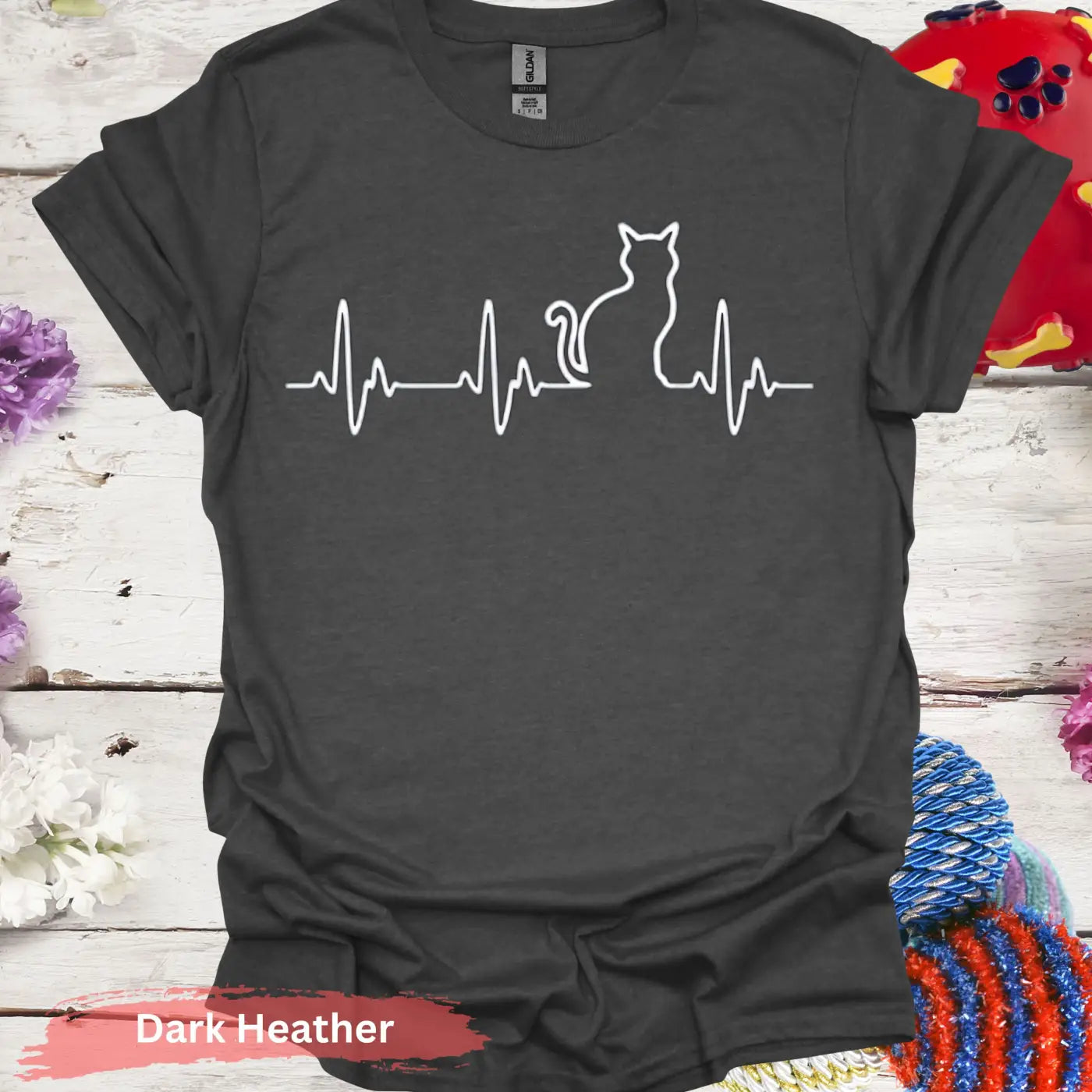 Cat Heartbeat Line Art for Lovers T-shirt - S / Dark Heather - Physical Item