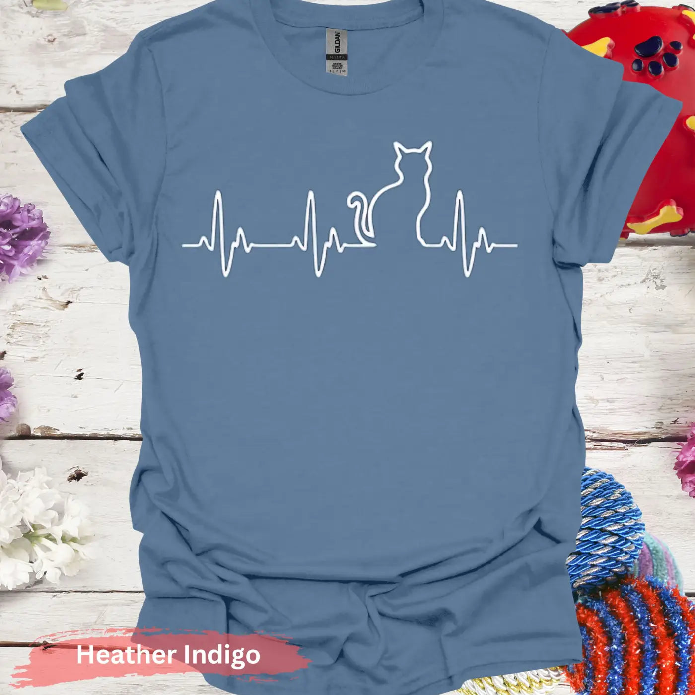 Cat Heartbeat Line Art for Lovers T-shirt - S / Heather Indigo - Physical Item