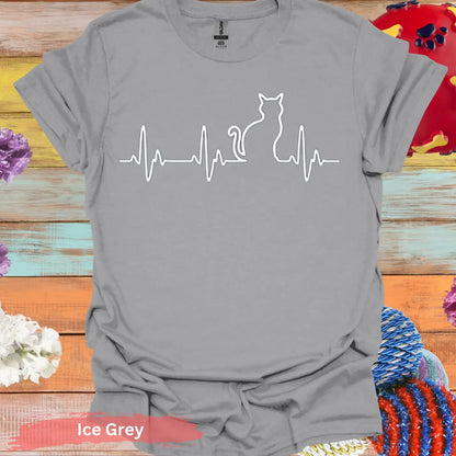 Cat Heartbeat Line Art for Lovers T-shirt - S / Ice Grey - Physical Item