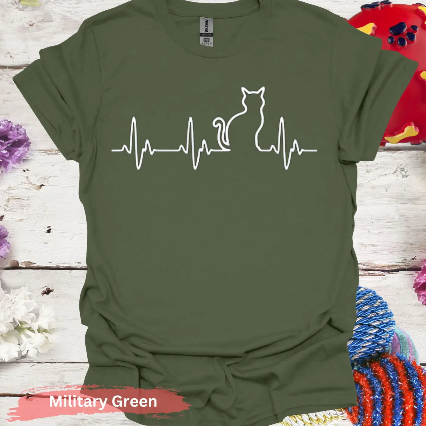 Cat Heartbeat Line Art for Lovers T-shirt - S / Military Green - Physical Item