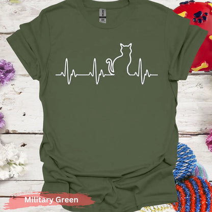 Cat Heartbeat Line Art for Lovers T-shirt - S / Military Green - Physical Item