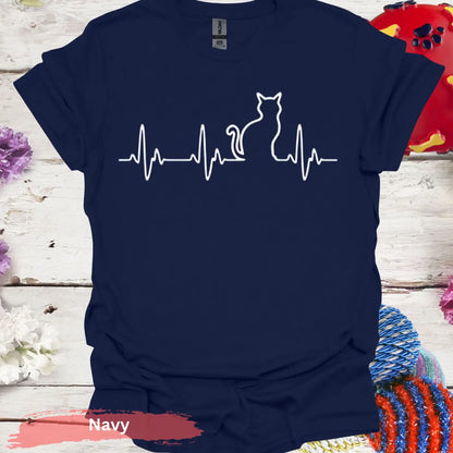 Cat Heartbeat Line Art for Lovers T-shirt - S / Navy - Physical Item