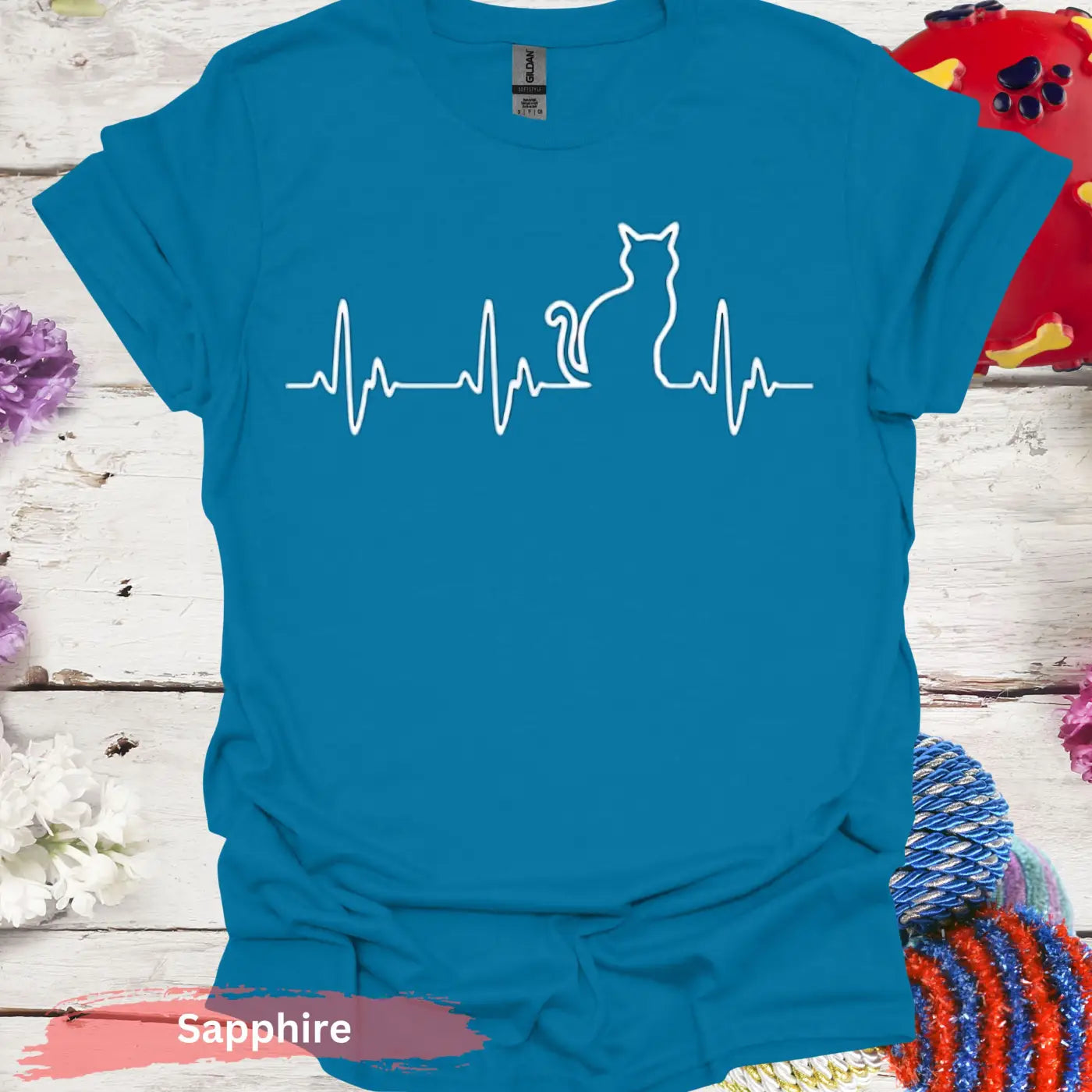 Cat Heartbeat Line Art for Lovers T-shirt - S / Sapphire - Physical Item