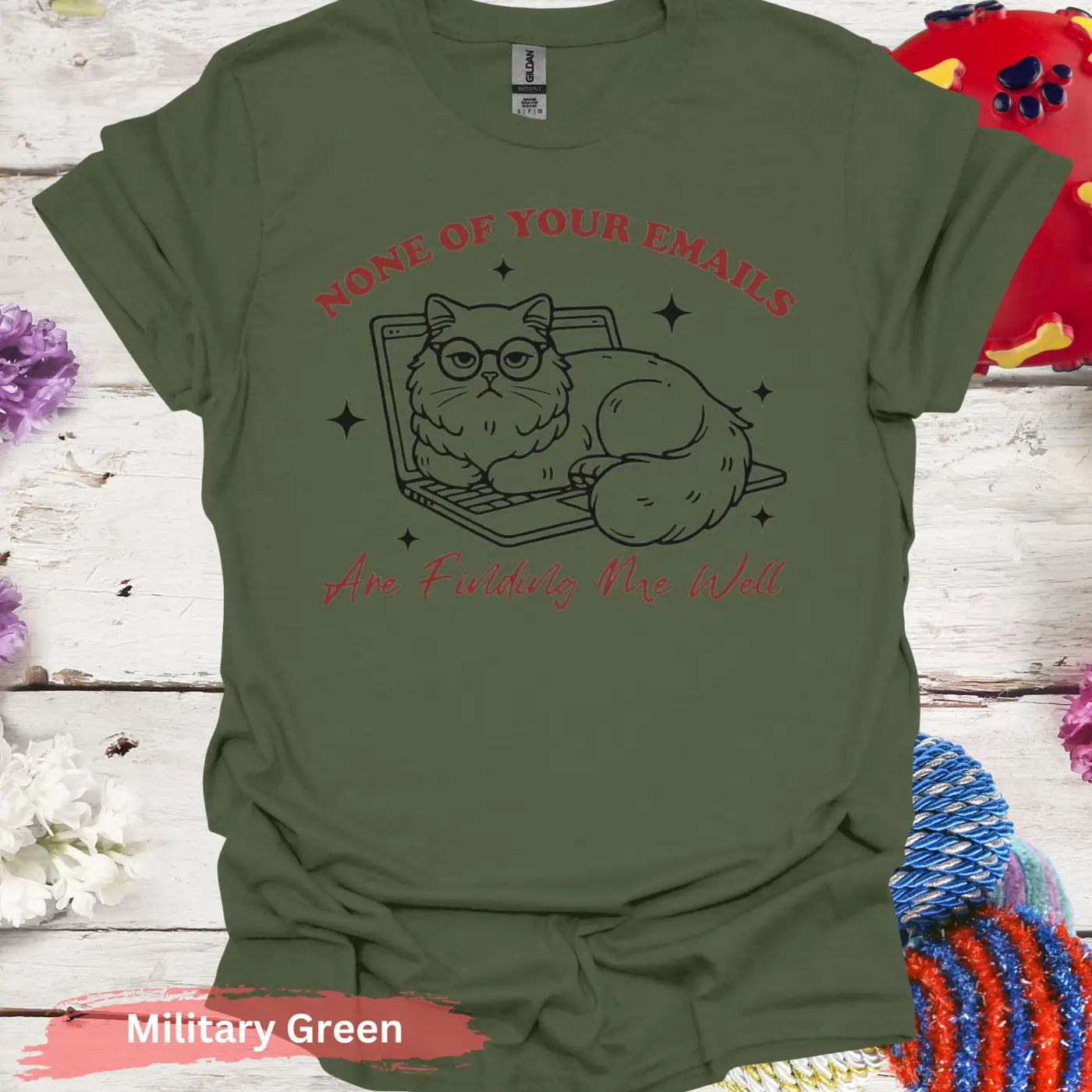 Cat On Laptop T-Shirt - S / Military Green - Physical Item