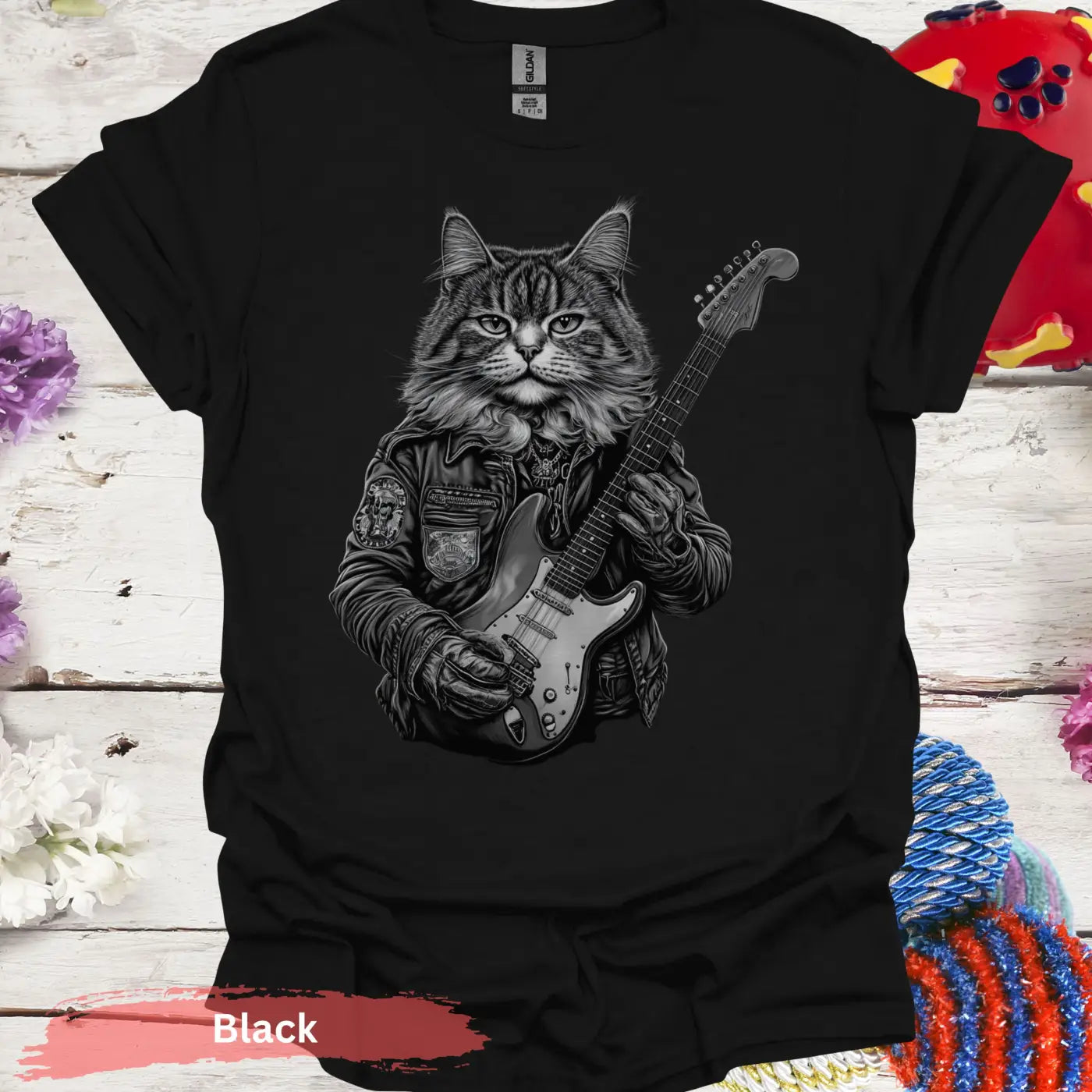 Cat Playing Electric Guitar T-Shirt - S / Black - Physical Item