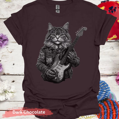 Cat Playing Electric Guitar T-Shirt - S / Dark Chocolate - Physical Item