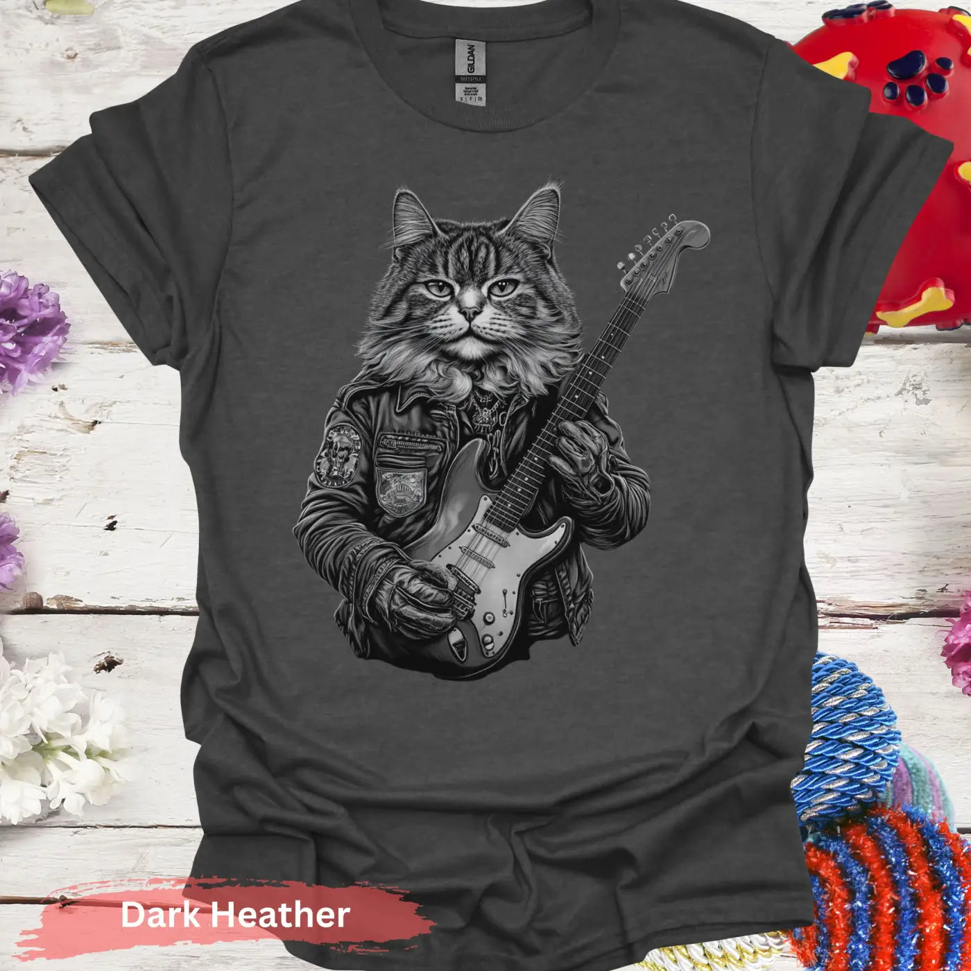 Cat Playing Electric Guitar T-Shirt - S / Dark Heather - Physical Item