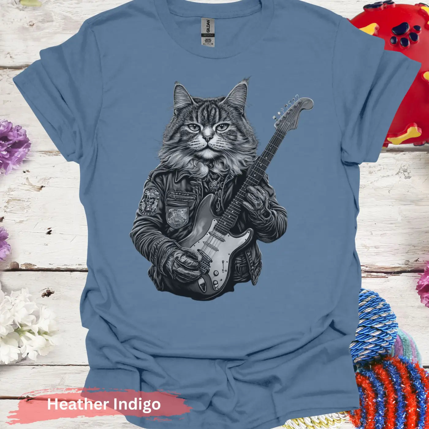 Cat Playing Electric Guitar T-Shirt - S / Heather Indigo - Physical Item