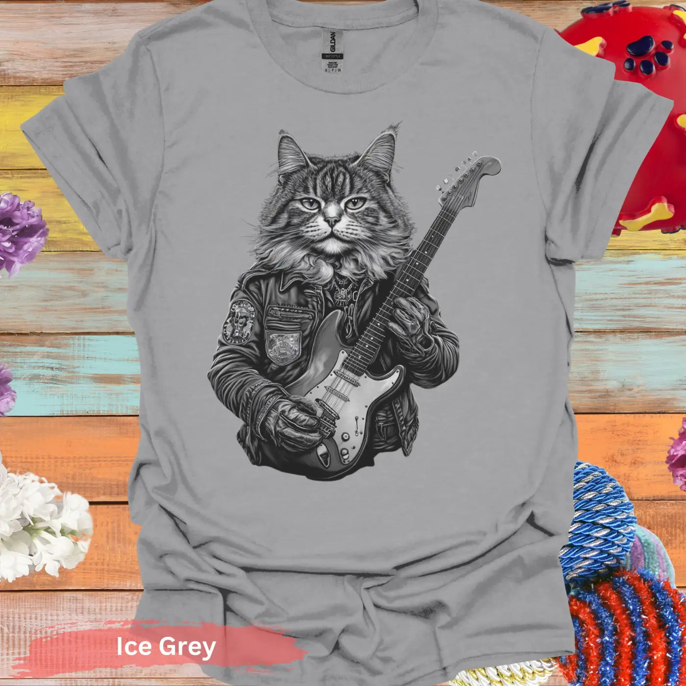 Cat Playing Electric Guitar T-Shirt - S / Ice Grey - Physical Item