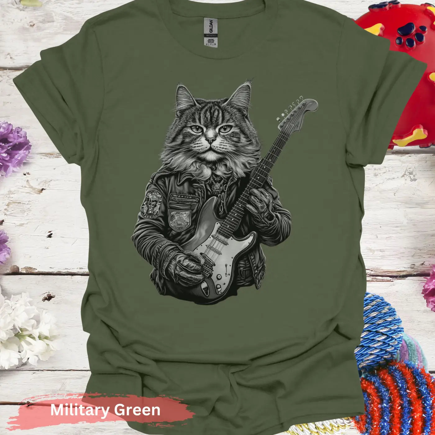 Cat Playing Electric Guitar T-Shirt - S / Military Green - Physical Item