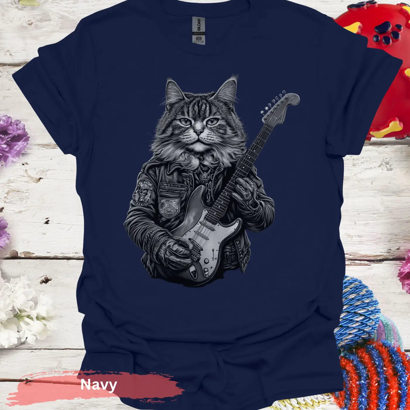 Cat Playing Electric Guitar T-Shirt - S / Navy - Physical Item