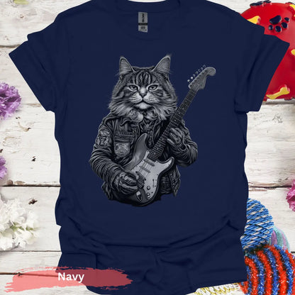 Cat Playing Electric Guitar T-Shirt - S / Navy - Physical Item