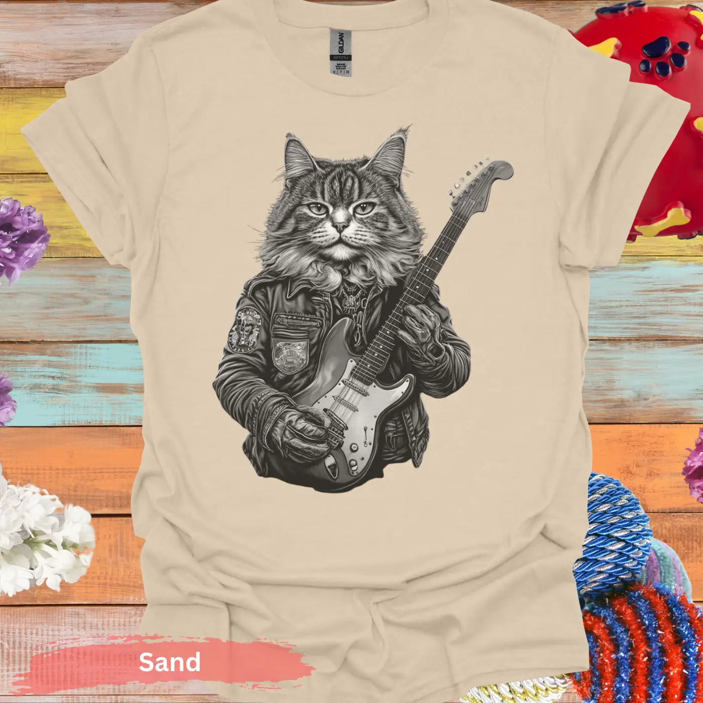 Cat Playing Electric Guitar T-Shirt - S / Sand - Physical Item