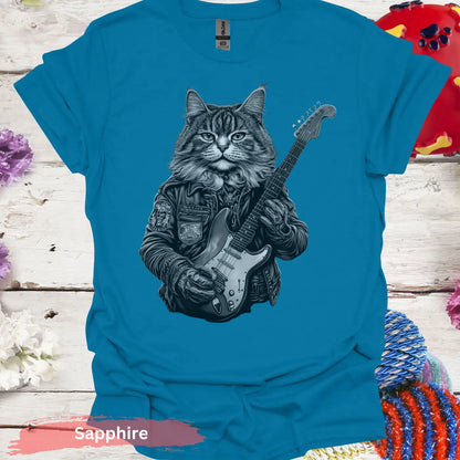 Cat Playing Electric Guitar T-Shirt - S / Sapphire - Physical Item