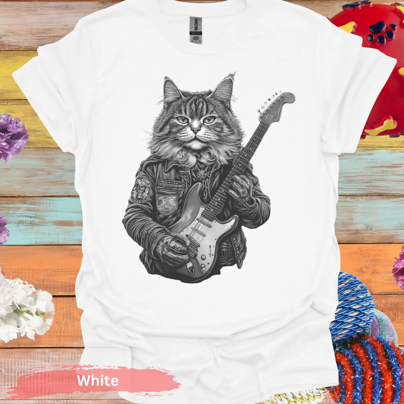 Cat Playing Electric Guitar T-Shirt - S / White - Physical Item