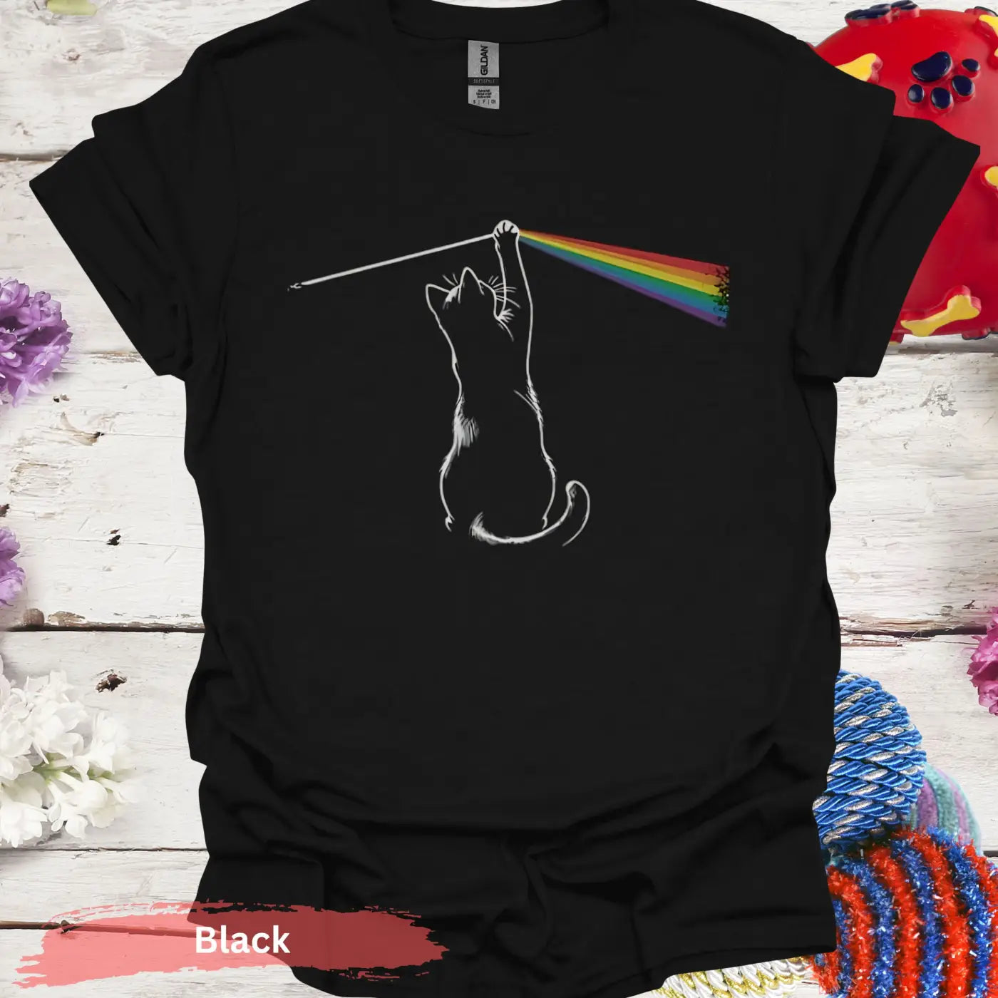 Cat Playing with Light Prism T-shirt - S / Black - Physical Item