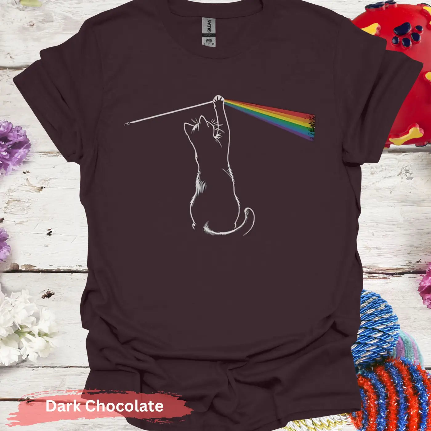 Cat Playing with Light Prism T-shirt - S / Dark Chocolate - Physical Item