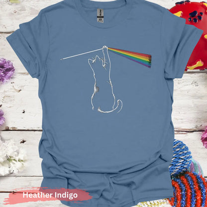 Cat Playing with Light Prism T-shirt - S / Heather Indigo - Physical Item