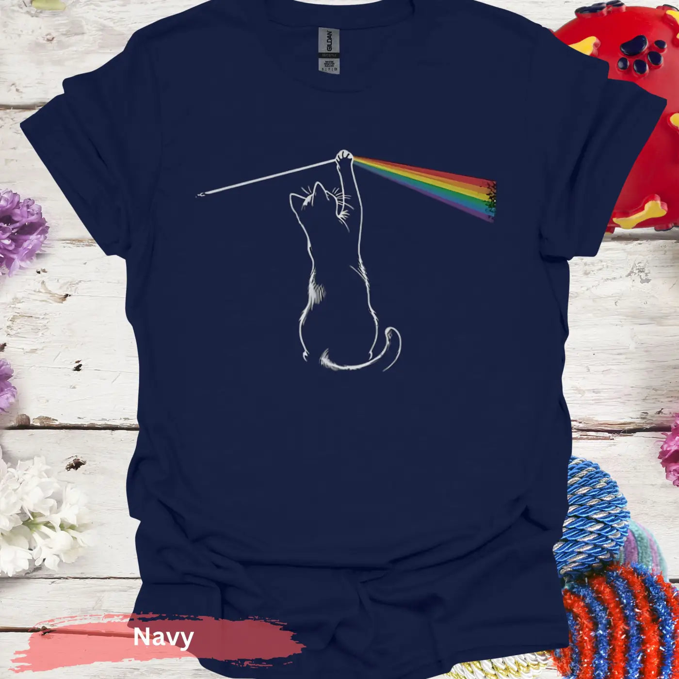 Cat Playing with Light Prism T-shirt - S / Navy - Physical Item