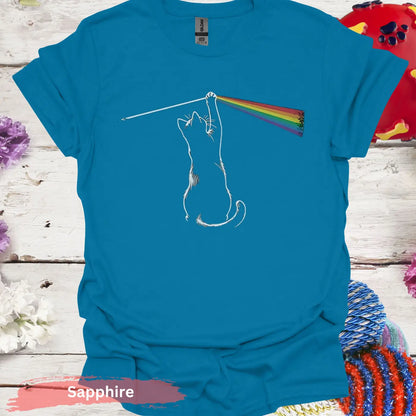 Cat Playing with Light Prism T-shirt - S / Sapphire - Physical Item