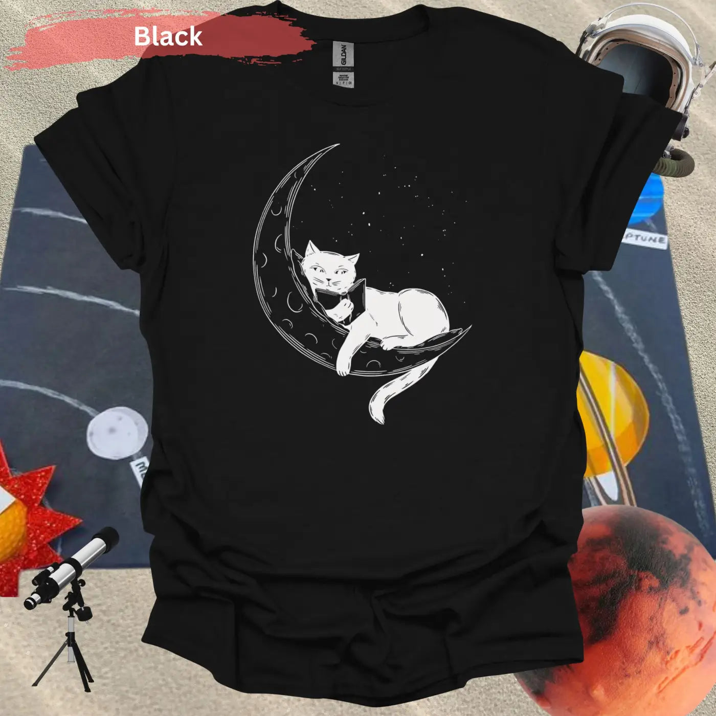 Cat on Crescent Moon T-Shirt - S / Black - Physical Item