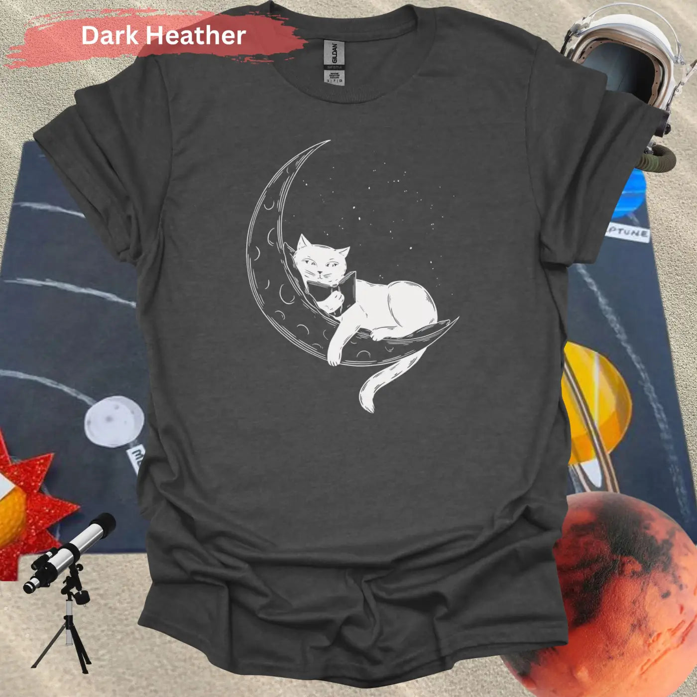 Cat on Crescent Moon T-Shirt - S / Dark Heather - Physical Item