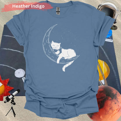 Cat on Crescent Moon T-Shirt - S / Heather Indigo - Physical Item