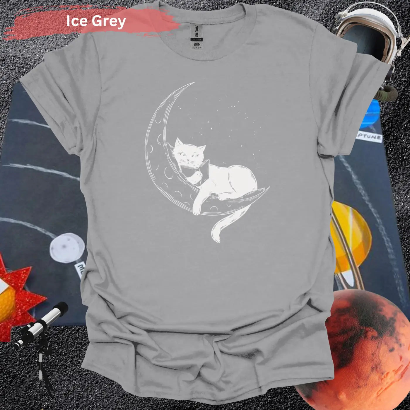 Cat on Crescent Moon T-Shirt - S / Ice Grey - Physical Item