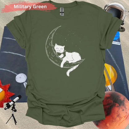 Cat on Crescent Moon T-Shirt - S / Military Green - Physical Item