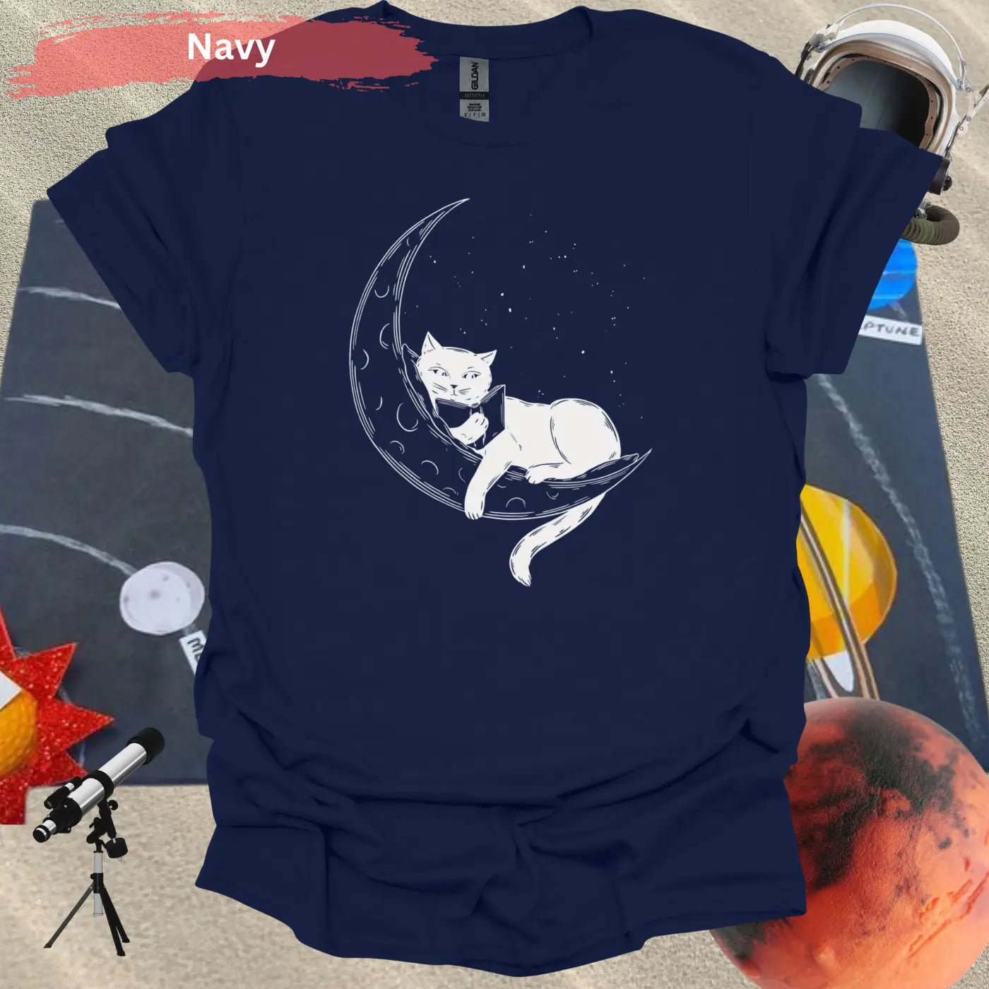 Cat on Crescent Moon T-Shirt - S / Navy - Physical Item