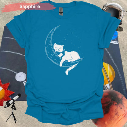 Cat on Crescent Moon T-Shirt - S / Sapphire - Physical Item