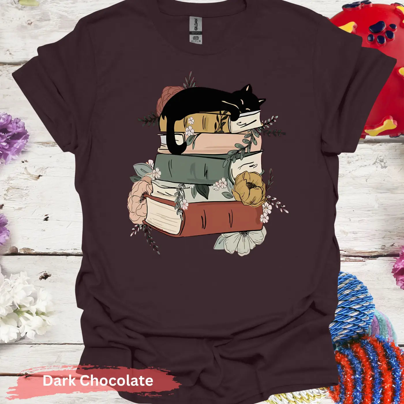 Cat Sleeping on Books and Flowers T-Shirt - S / Dark Chocolate - Physical Item