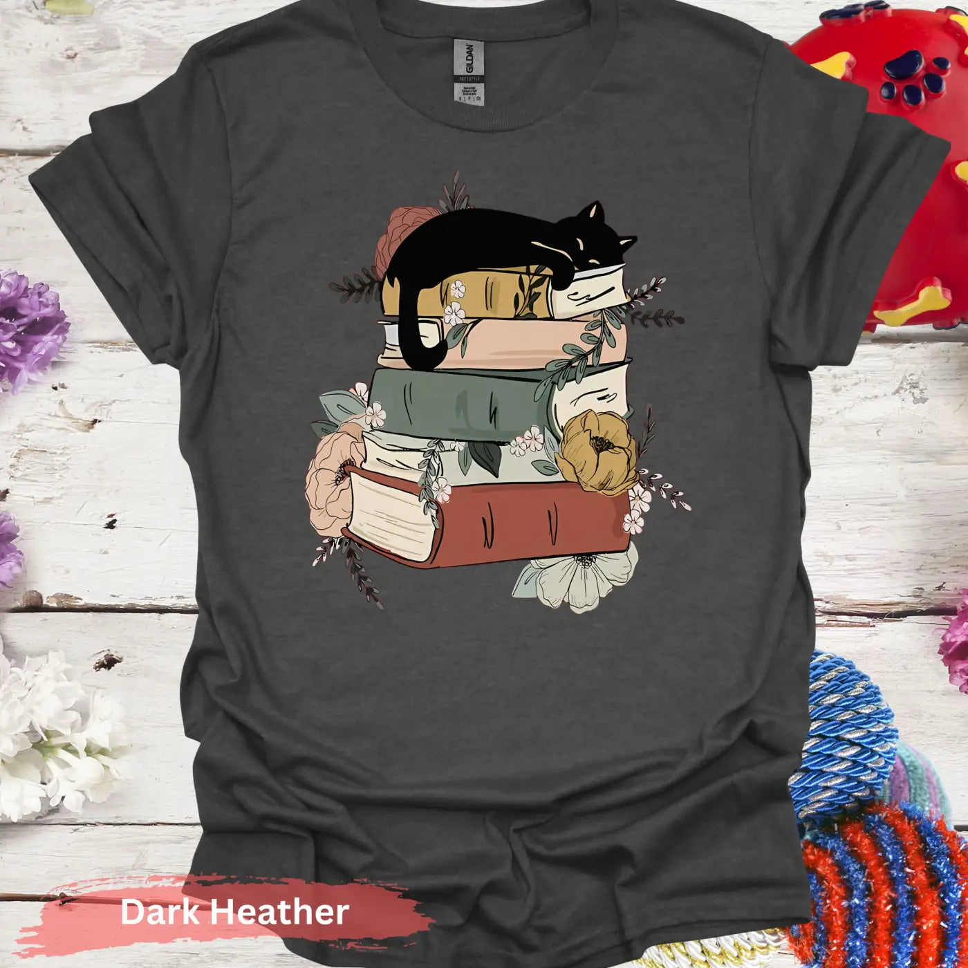 Cat Sleeping on Books and Flowers T-Shirt - S / Dark Heather - Physical Item