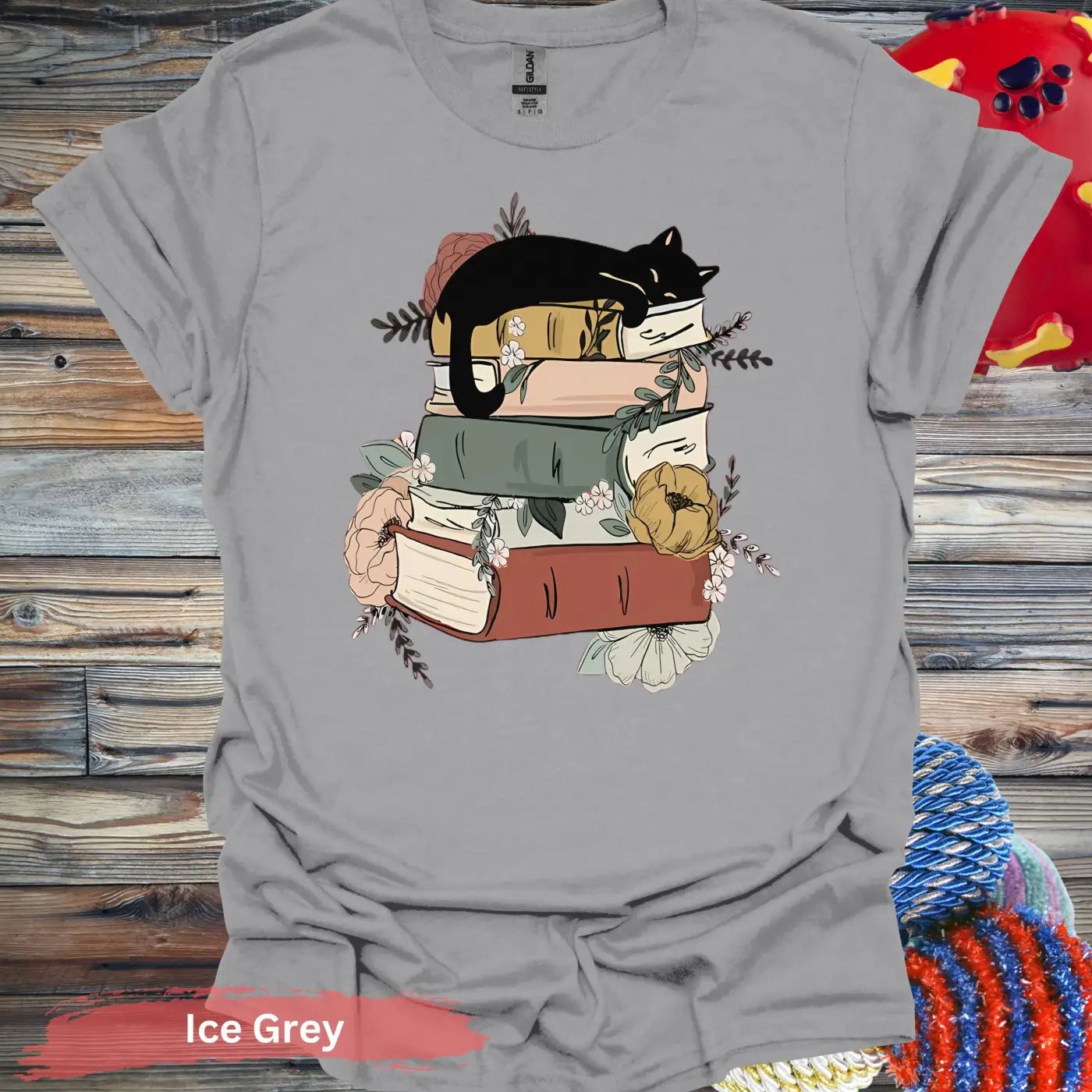 Cat Sleeping on Books and Flowers T-Shirt - S / Ice Grey - Physical Item