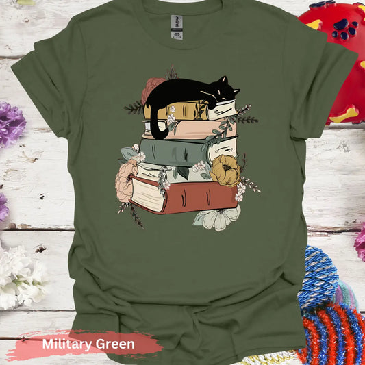 Cat Sleeping on Books and Flowers T-Shirt - S / Military Green - Physical Item