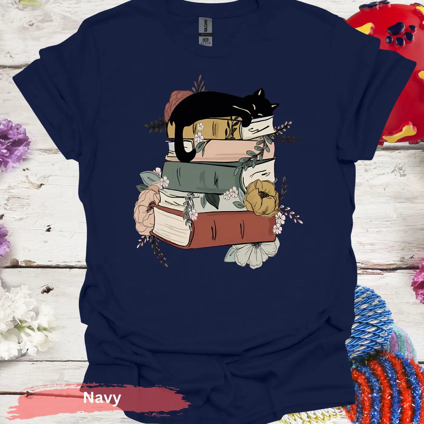 Cat Sleeping on Books and Flowers T-Shirt - S / Navy - Physical Item