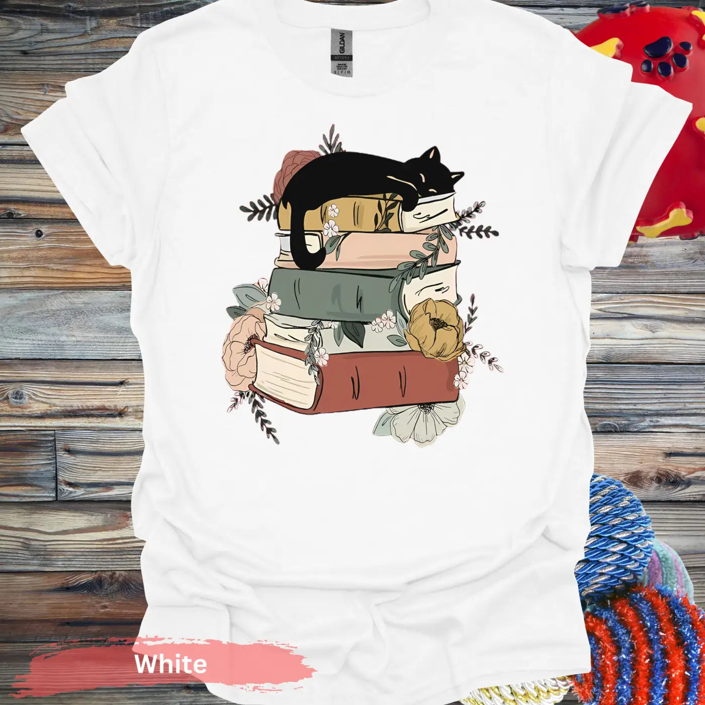 Cat Sleeping on Books and Flowers T-Shirt - S / White - Physical Item