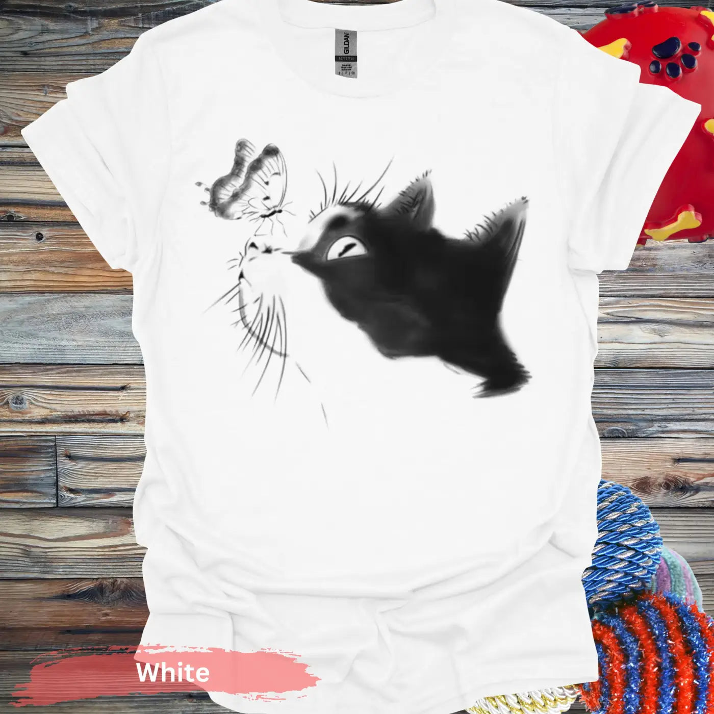 Cat with Butterfly T-Shirt - S / White - Physical Item