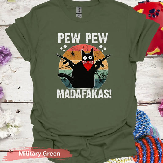 Cat With Guns and Bandana T-Shirt - S / Military Green - Physical Item