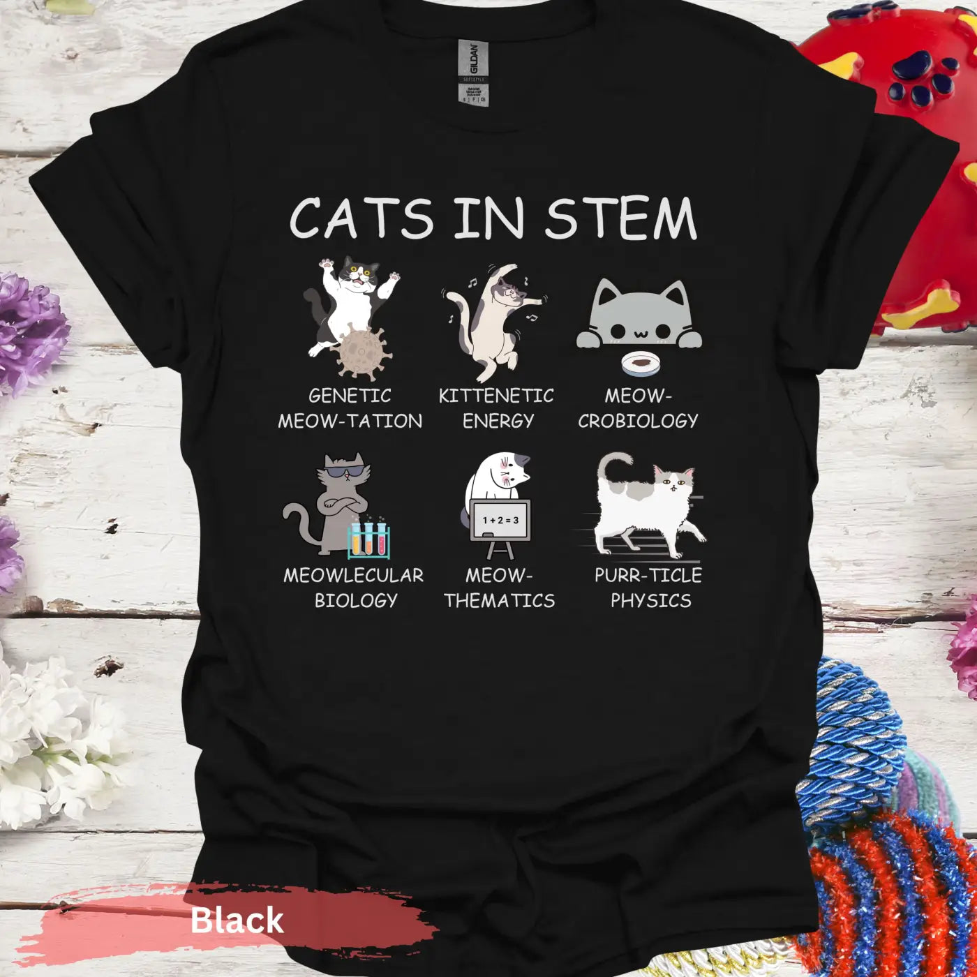 Cats in STEM v2 T-Shirt - S - Unisex / Black - Physical Item