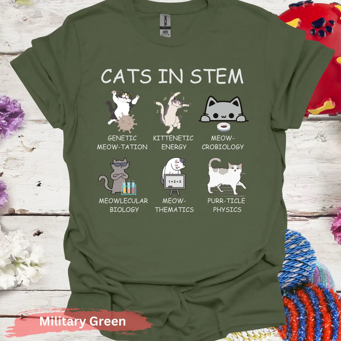 Cats in STEM Funny Cat Graphic T-Shirt - S - Unisex / Military Green - Physical Item