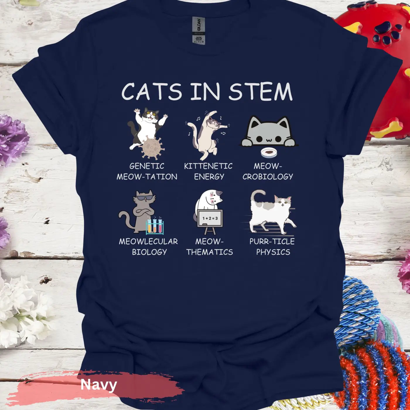 Cats in STEM Funny Cat Graphic T-Shirt - S - Unisex / Navy - Physical Item