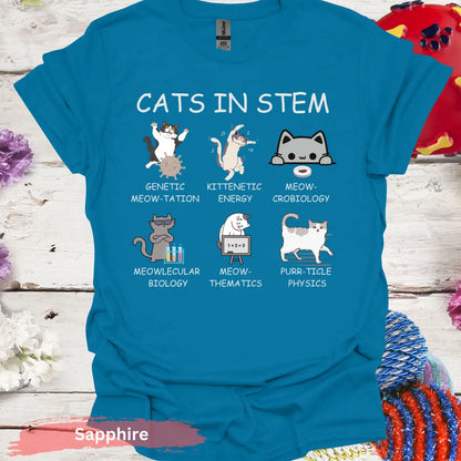 Cats in STEM Funny Cat Graphic T-Shirt - S - Unisex / Sapphire - Physical Item