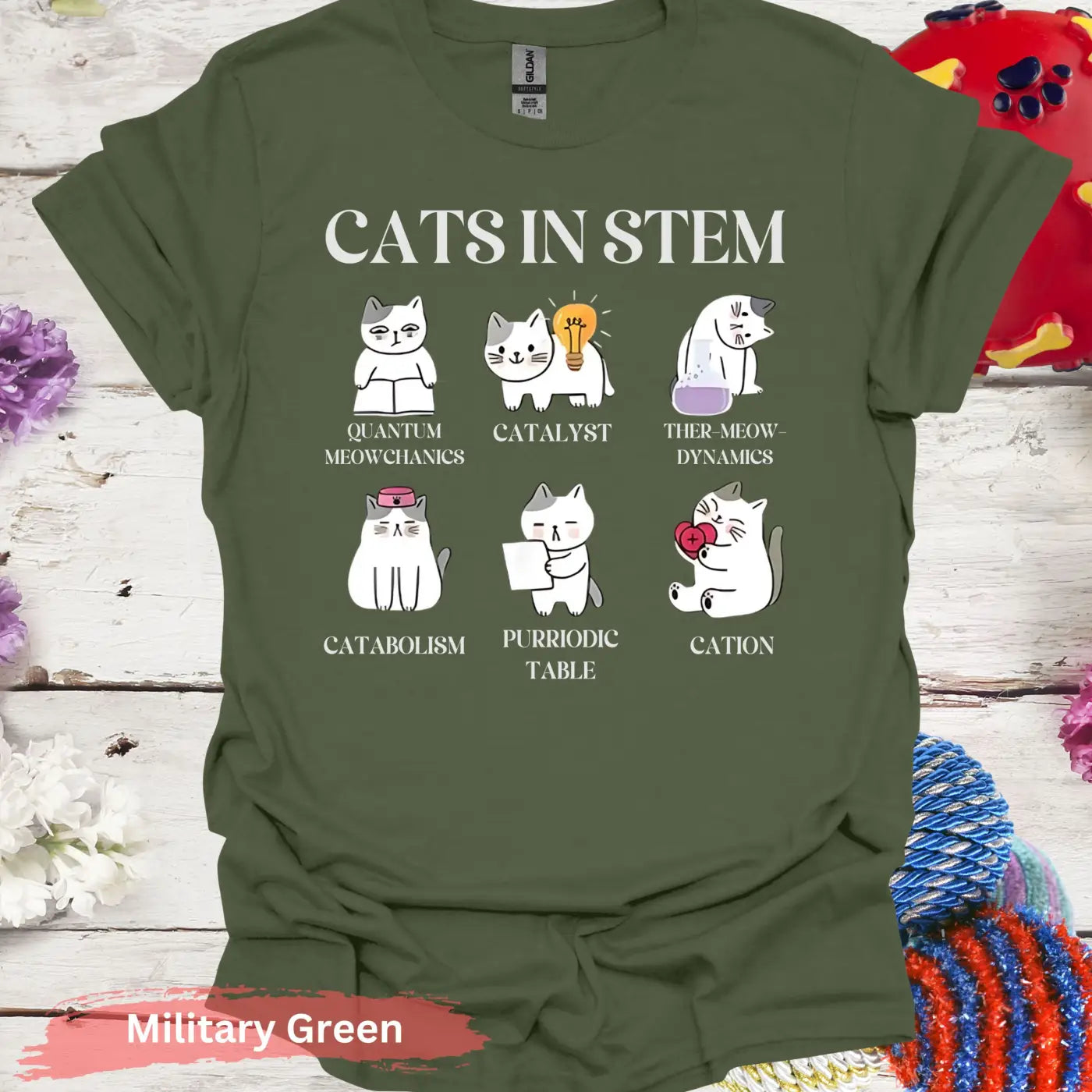 Cats in STEM Funny Graphic T-shirt - S / Military Green - Physical Item