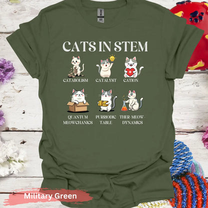 Cats in STEM funny science cat T-shirt - S - Unisex / Military Green - Physical Item