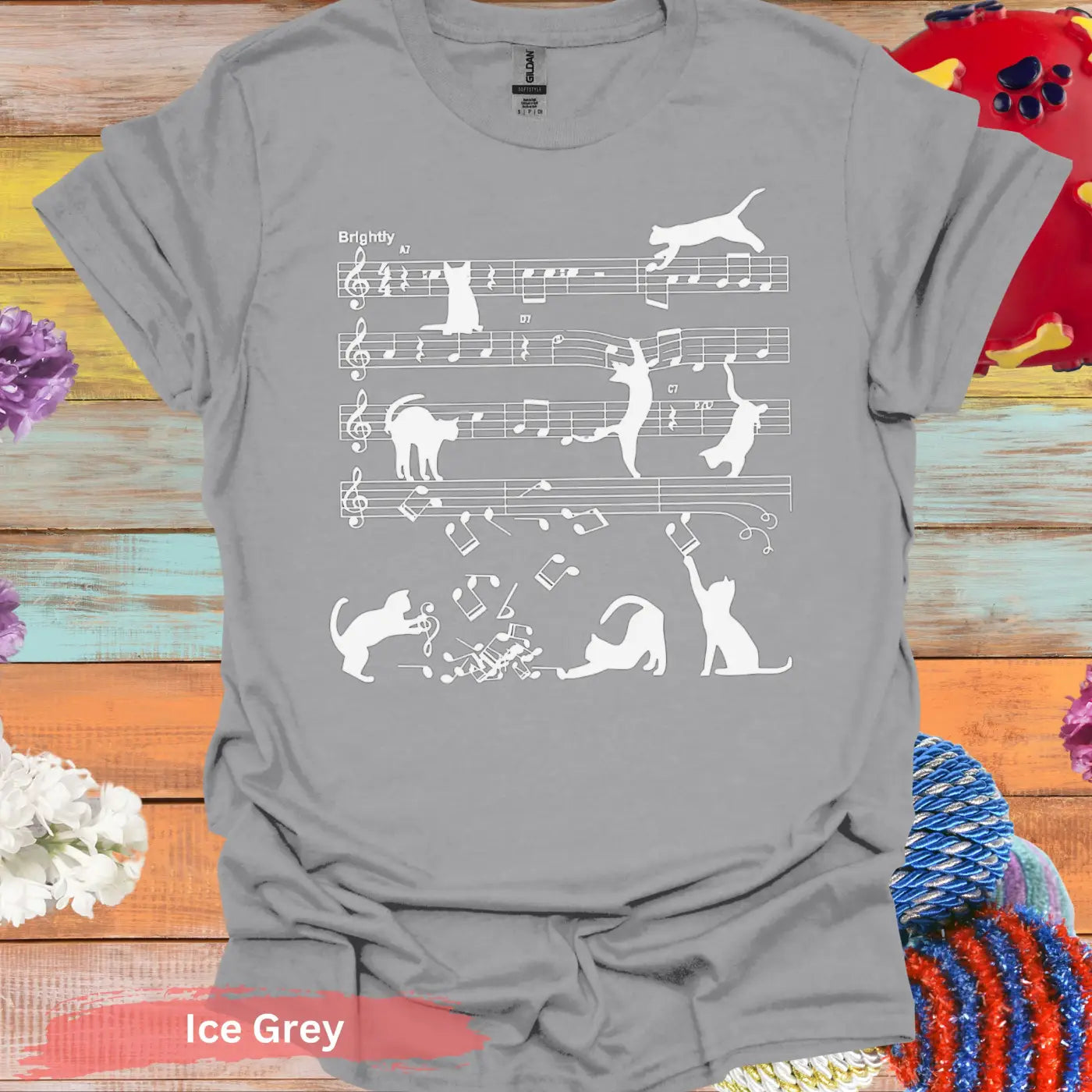 Cats Playing Musical Notes T-shirt - S / Ice Grey - Physical Item