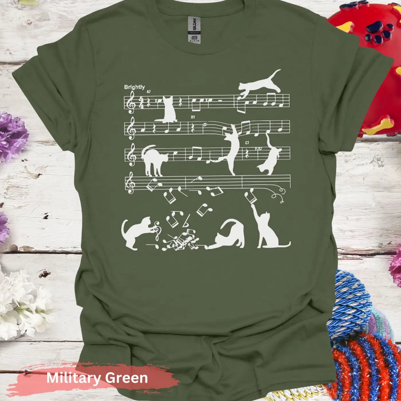 Cats Playing Musical Notes T-shirt - S / Military Green - Physical Item