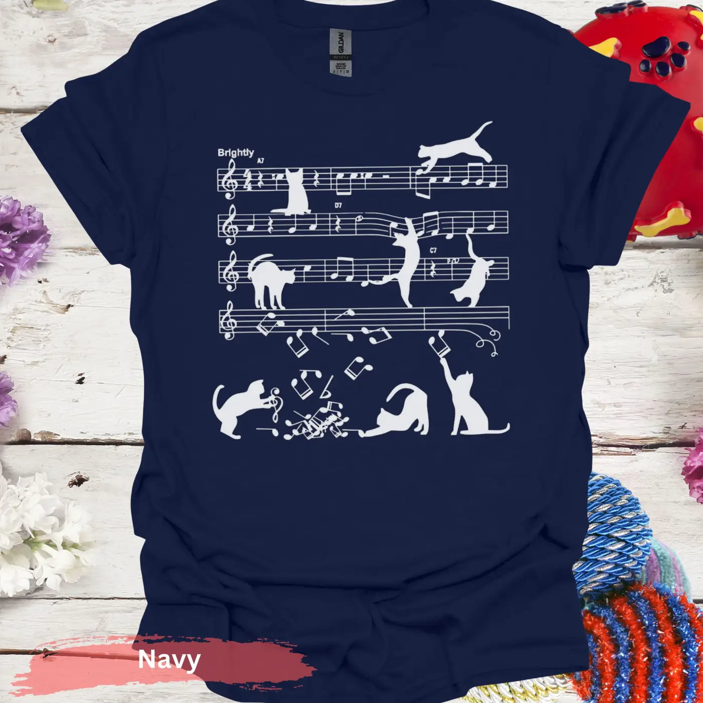 Cats Playing Musical Notes T-shirt - S / Navy - Physical Item